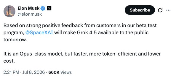 SpaceX股价迎上行催化马斯克官宣：Grok4.5明日向公众开放